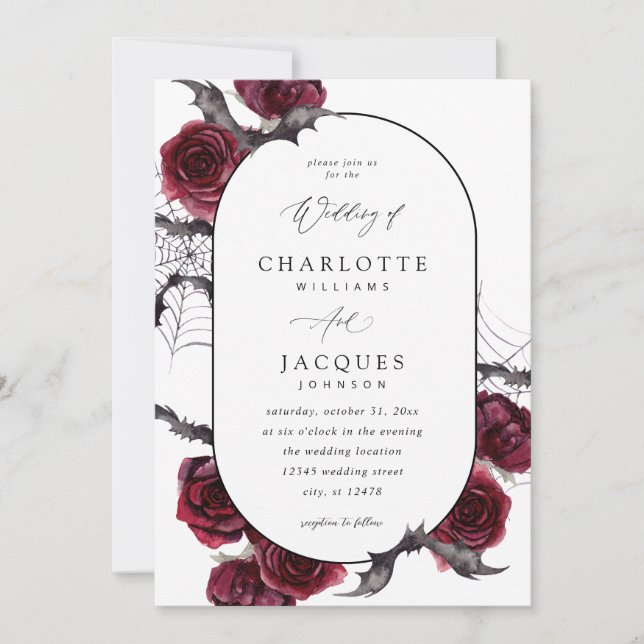 Red Rose Halloween Bats Wedding- White Invitation (Front)