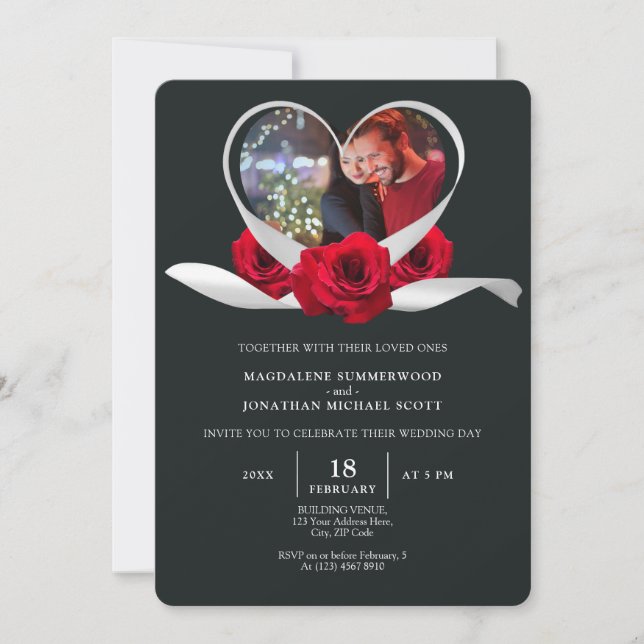 Red Rose Heart Photo Romantic White Ribbon Grey Invitation (Front)