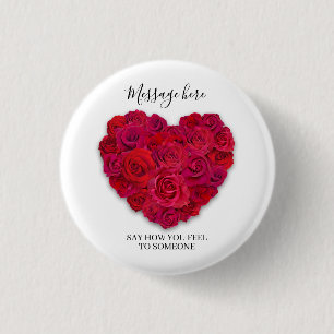 Red Rose Heart Romantic Floral Custom Text 1 Inch Round Button