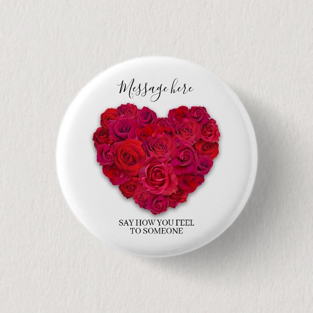 Red Rose Heart Romantic Floral Custom Text 1 Inch Round Button (Front)