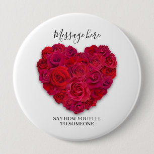 Red Rose Heart Romantic Floral Custom Text 4 Inch Round Button