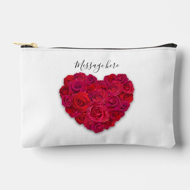Red Rose Heart Romantic Floral Custom Text Accessory Pouch (Front)