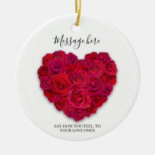Red Rose Heart Romantic Floral Custom Text Ceramic Ornament