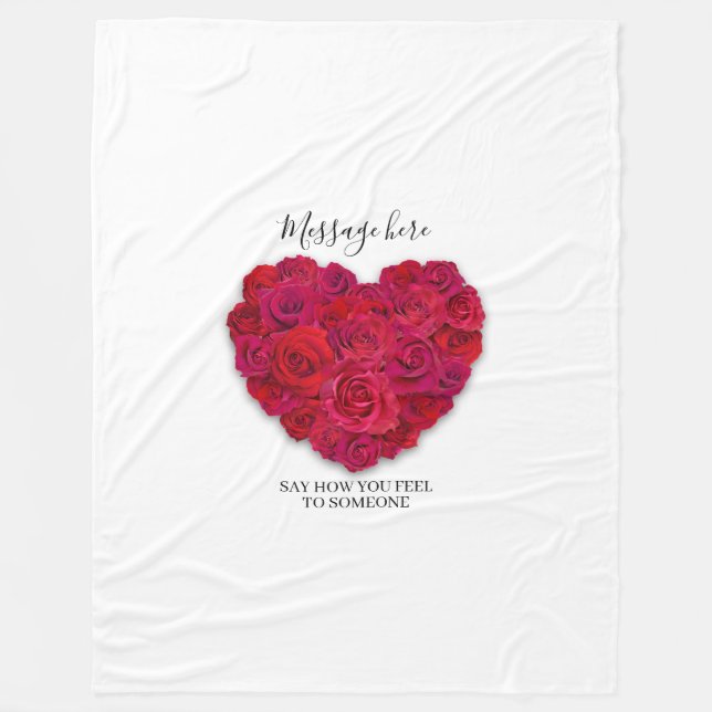 Red Rose Heart Romantic Floral Custom Text Fleece Blanket (Front)