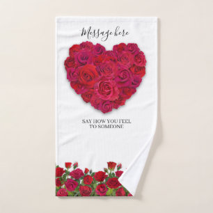 Red Rose Heart Romantic Floral Custom Text Hand Towel