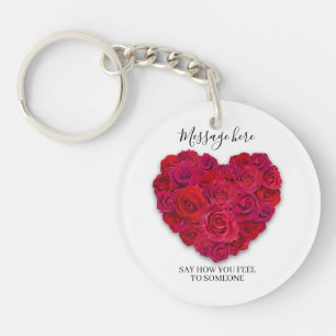 Red Rose Heart Romantic Floral Custom Text Keychain