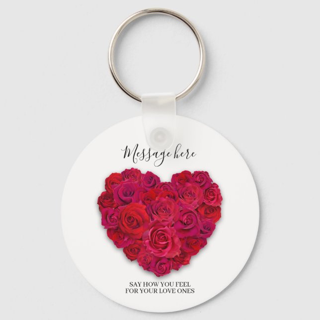 Red Rose Heart Romantic Floral Custom Text Keychain (Front)