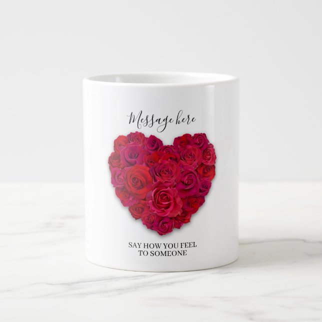 Red Rose Heart Romantic Floral Custom Text Large Coffee Mug (Front)