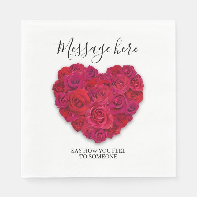 Red Rose Heart Romantic Floral Custom Text Napkin (Front)