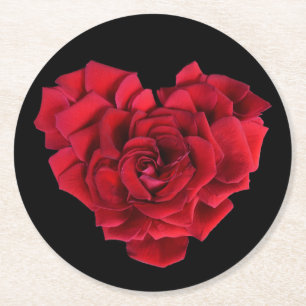 Red Rose Heart Round Paper Coaster