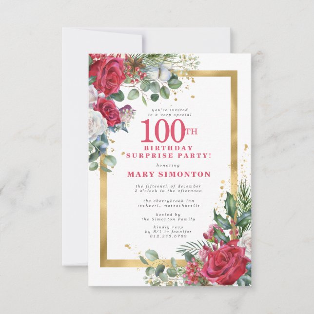 Red Rose Holly 100th Surprsie Party Invitation (Front)
