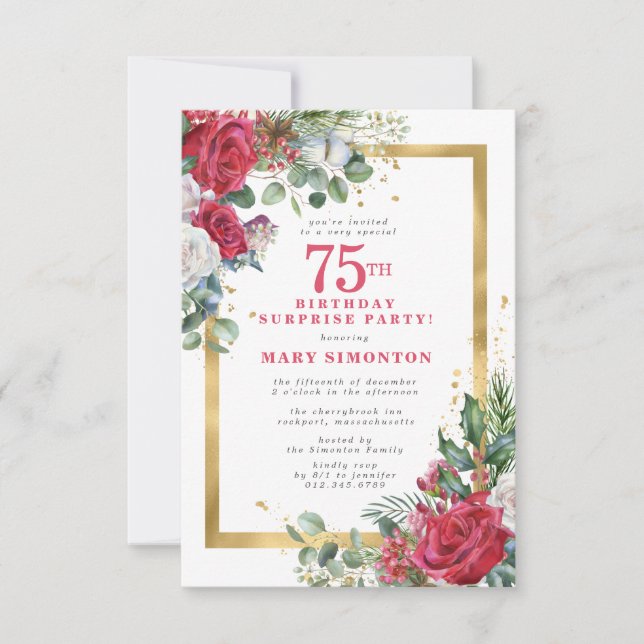 Red Rose Holly 75th Surprise Party Invitation (Front)