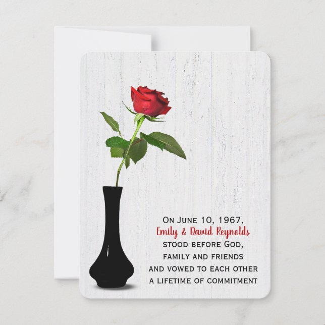 Red Rose In Black Vase On Whitewashed Wood Invitation (Front)