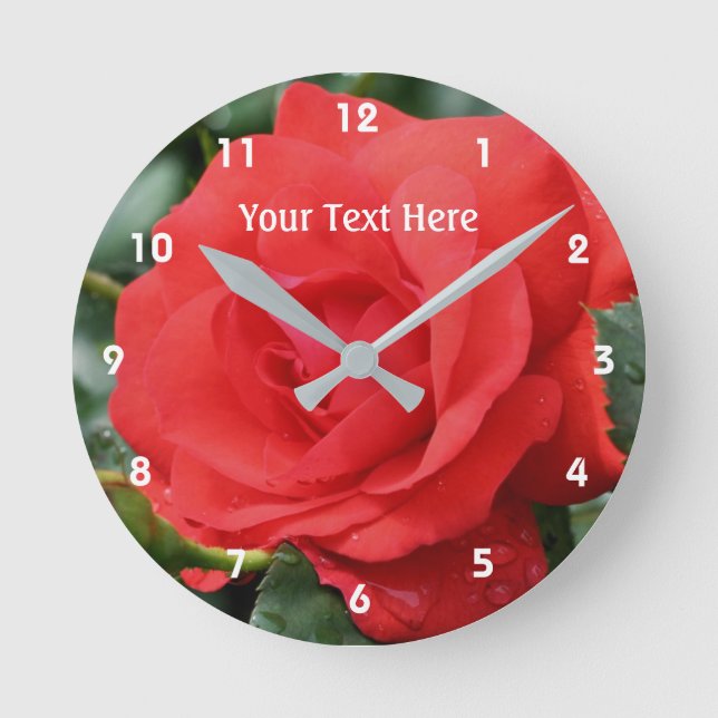 Red Rose In Bloom Flower Round Clock (Front)