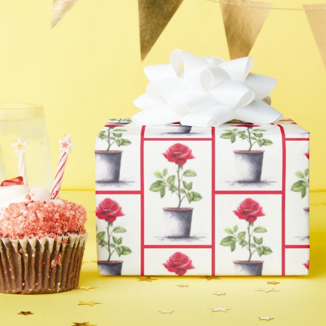 Red Rose In Flower Pot Wrapping Paper (Birthday Party)