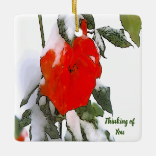 Red Rose in Snow Ceramic Ornament