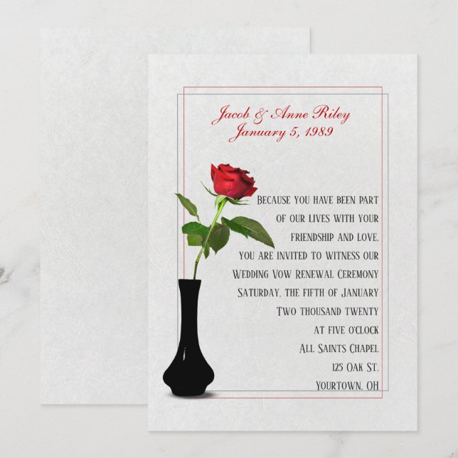 Red Rose in vase for Wedding Vow Renewal Invitation (Front/Back)