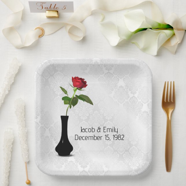 Red Rose In Vase On White Damask Paper Plate (Wedding)