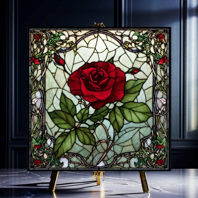 Red Rose in Window Vine Border Stained-Glass Look Tile (Creator Uploaded)