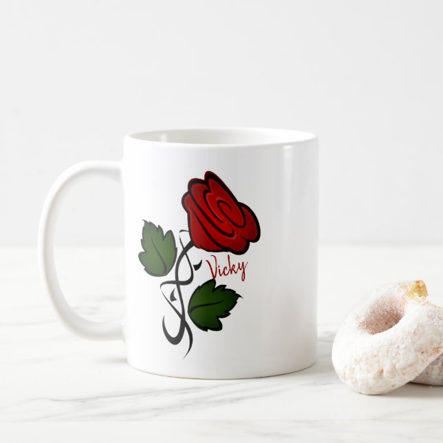 Red Rose Kiss Personalized w Name Coffee Mug (With Donut)