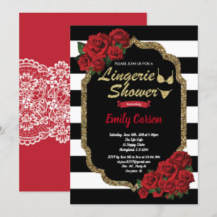 Red rose lingerie shower black and gold invitation