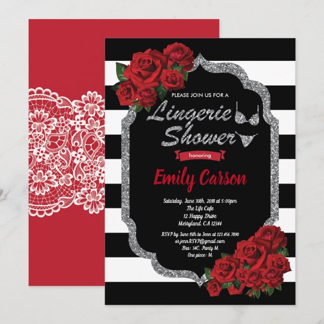 Red rose lingerie shower black and silver invitation (Front/Back)