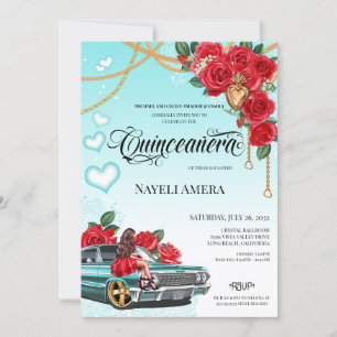 Red Rose Lowrider Chola Chicano Quinceanera Invitation