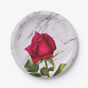 Red Rose Marble Modern Glam Bridal Shower Party Paper Plate