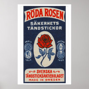 Red Rose Matchbox Art Print, Swedish Vintage Folk Poster
