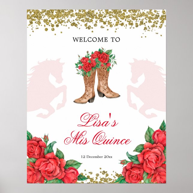 Red Rose Mexican Mis Quince Welcome Sign (Front)