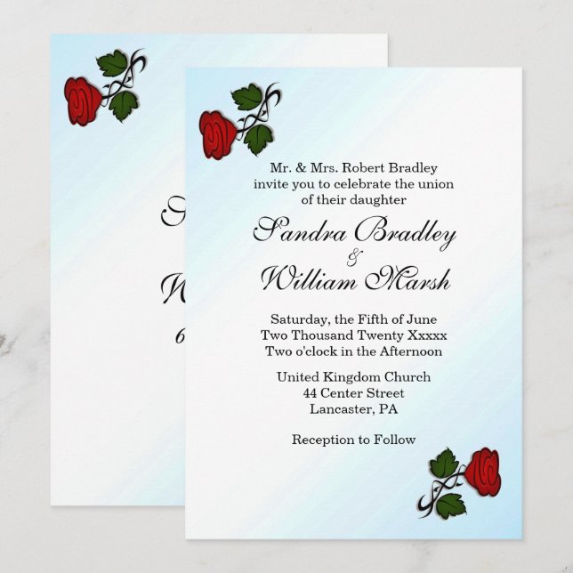 Red Rose Mint Blue Touch Wedding Invitation (Front/Back)