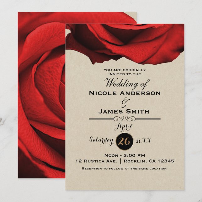 Red Rose Modern Rustic Kraft Glam Elegant Wedding Invitation (Front/Back)