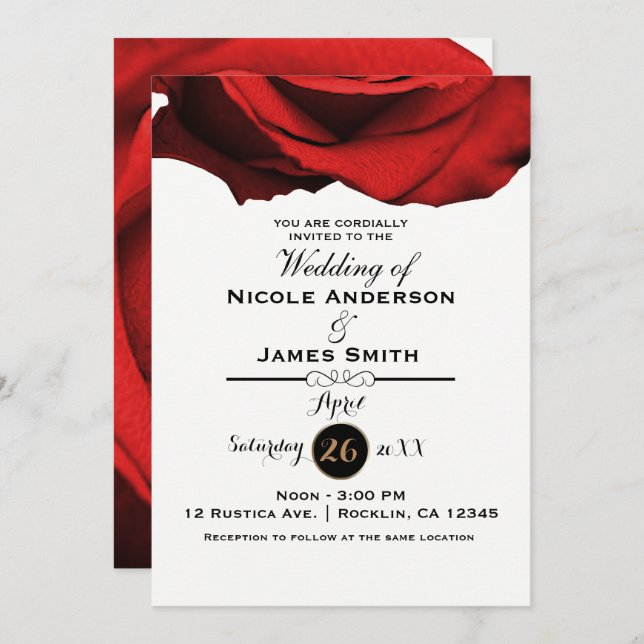 Red Rose Modern Rustic White Glam Elegant Wedding Invitation (Front/Back)