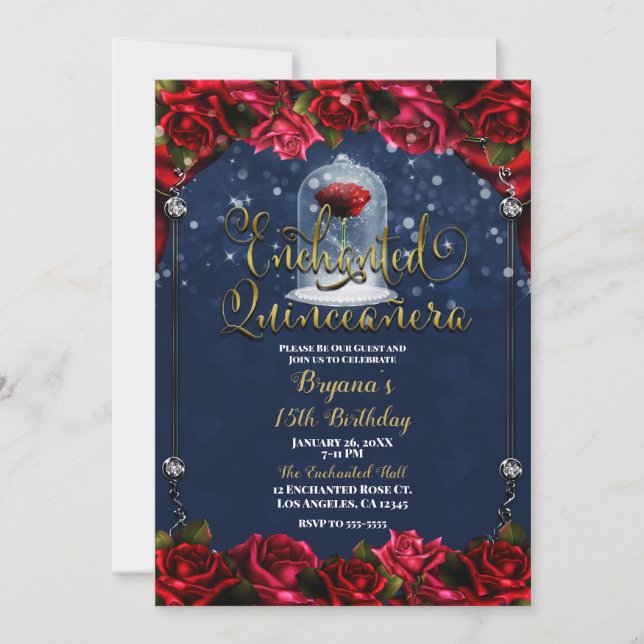 Red Rose Navy Blue Gold Enchanted Quinceañera 15 Invitation (Front)