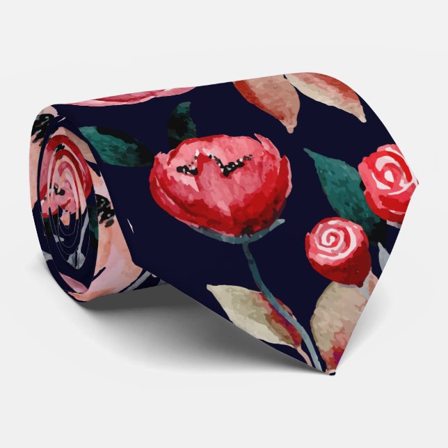 Red Rose Navy Blue Watercolor Floral Pattern Tie (Rolled)
