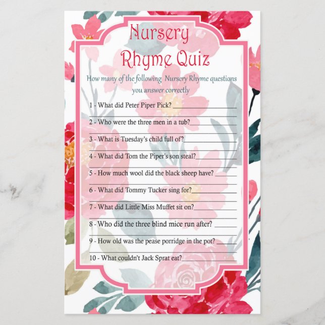 Red Rose Nursery Rhyme Quiz baby shower game (Front)