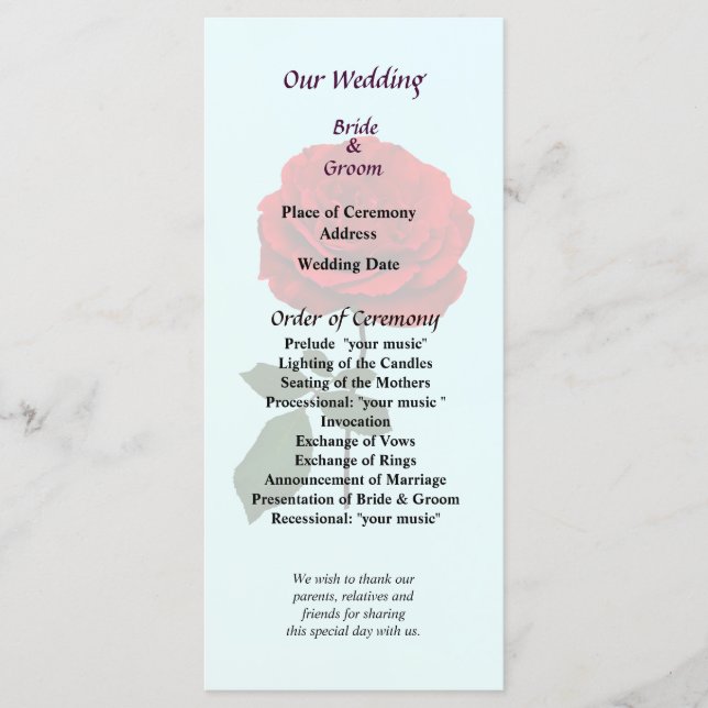 Red Rose of Summer Wedding Program (Front)