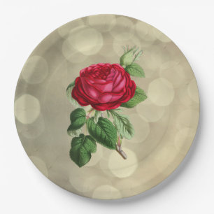 Red Rose on a Golden Bokeh Lights Background Paper Plate