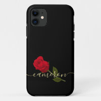 Red Rose On Black And Gold Monogramed