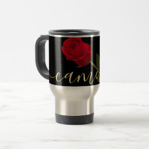 Red Rose On Black And Gold Monogramed   Travel Mug
