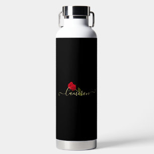 Red Rose On Black And Gold Monogramed Water Bottle