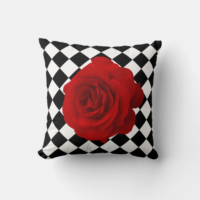 Red Rose on Black and White Diamond Pattern Throw Pillow (Front)