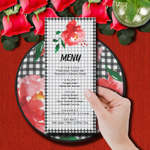 Red Rose on Black and White Gingham Check Derby Menu
