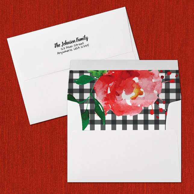 Red Rose on Black and White Gingham Envelope (Red rose on black and white gingham check lined envelope, FREE return address printed on the back)