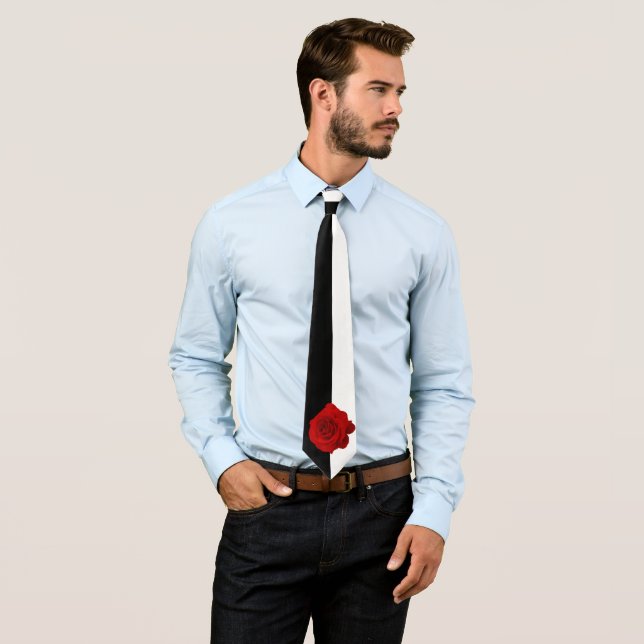 Red Rose on Black And White Half and Half Tie (In Situ)