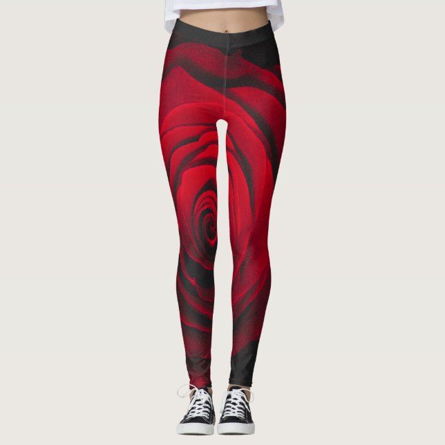 Red rose on black background vintage effect leggings (Front)
