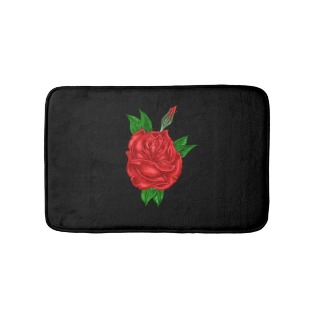 Red Rose on Black Bath Mat (Front)