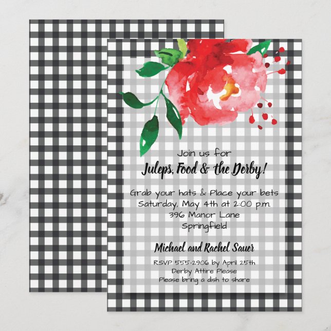 Red Rose on Black Check KY Derby Party Invitations (Front/Back)