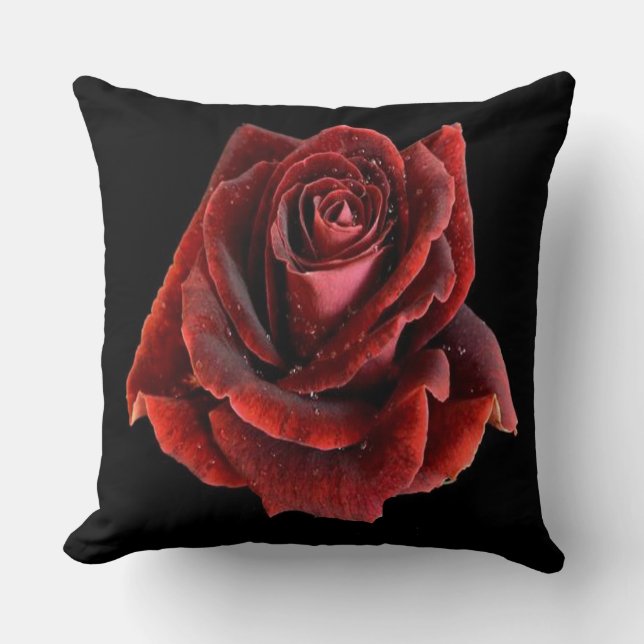 Red Rose on Black Pillow Cushion (Front)