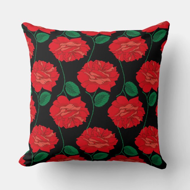 Red Rose on Black Throw Pillow (Front)